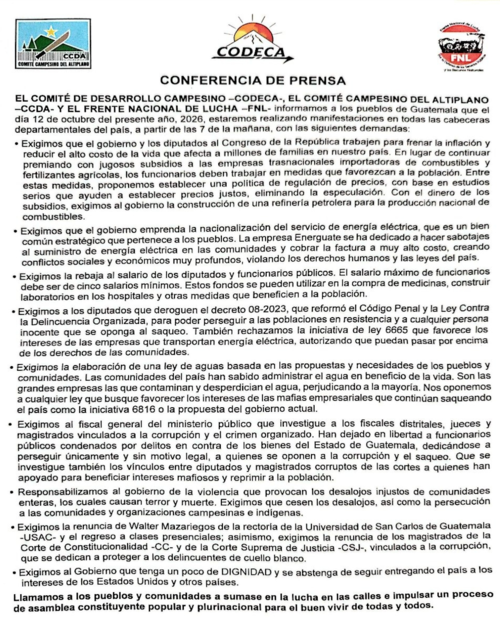 Este fue el comunicado emitido por CODECA. (Foto: CODECA)