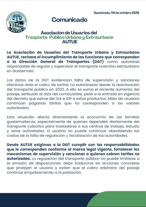 Comunicado emitido por la Asociación de Usuarios del Transporte Público Urbano y Extraurbano. (Foto: Cortesía/Soy502)