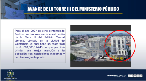 Diapositiva presentada por el MP para informar sobre los planes de construcción de una nueva torre en el edificio central del MP. (Foto: Captura de pantalla)