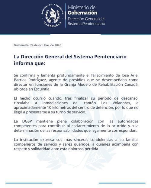 El Sistema Penitenciario compartió un comunicado tras el crimen de José Barrios. (Foto: SP)