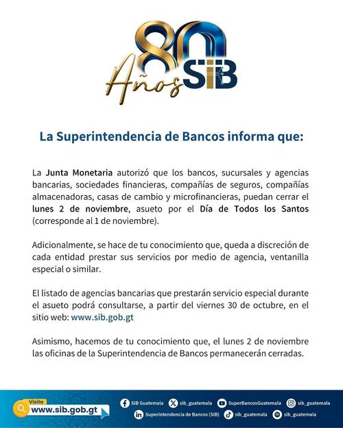 La Junta Monetaria autorizó el descanso en bancos para el lunes 2 de noviembre. (Imagen: SIB)