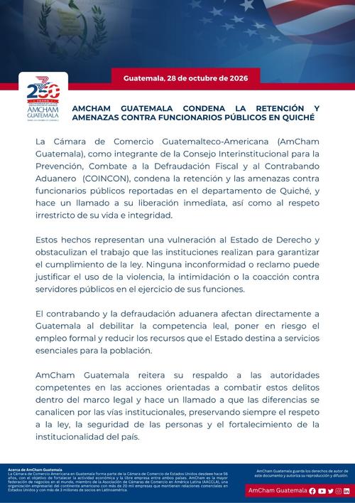 Amcham por medio de un comunicado, rechaza la retención de empleados públicos en Quiché.
