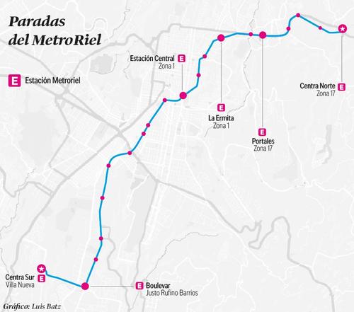 Estas son las paradas previstas para el MetroRiel. (Ilustración: Soy502)