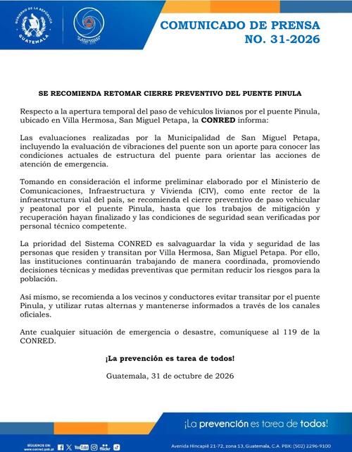 Conred señala que aún deben finalizar los trabajos de mitigación. (Imagen: Conred)