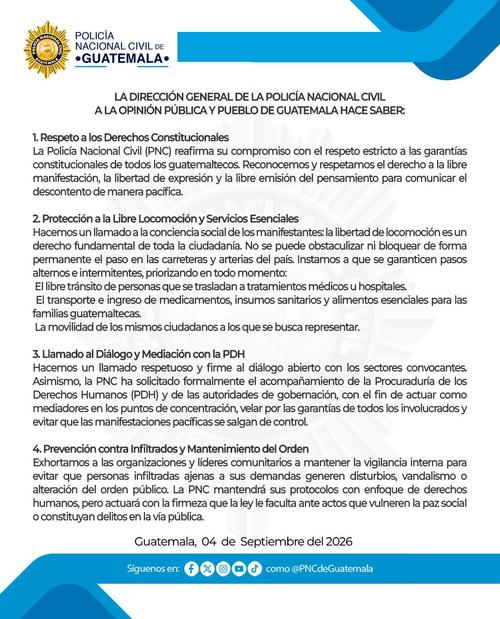 Comunicado publicado por la Policía Nacional Civil. (Imagen: PNC)