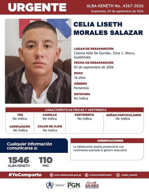 Celia fue vista por última vez el jueves 3 de septiembre en la zona 1 de Mixco. (Imagen: Alerta Alba-Keneth)