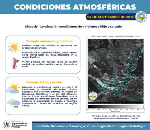 En la capital continuará el viento ligero del noreste durante la mañana, con posibilidad de que cambie hacia el sur durante la tarde. (Imagen: Insivumeh)