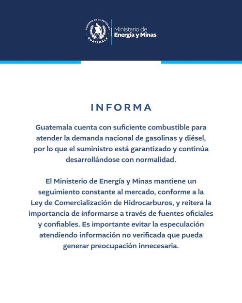 El MEM afirmó que el suministro nacional continúa con normalidad. (Imagen: MEM)