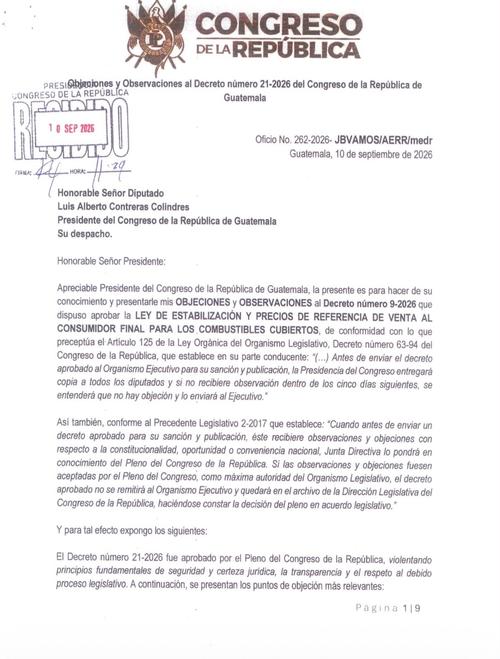 Las objeciones al decreto 21-2026 serán conocidas en el Pleno durante la sesión del martes 22 de septiembre. (Imagen: Organismo Legislativo)