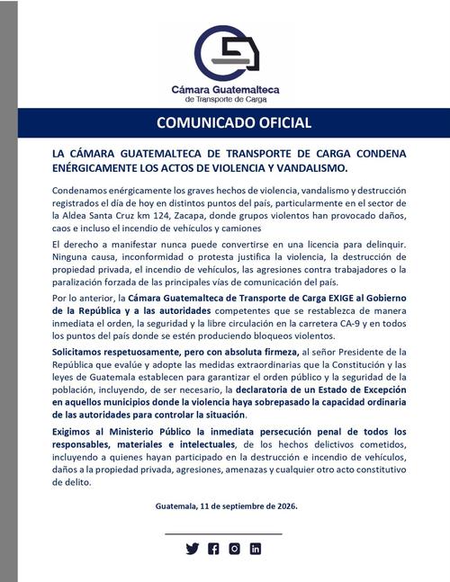 Transportistas le exigen a las autoridades que actúen conforme a la ley tras los actos de vandalismo en los bloqueos. (Imagen: Cámara Guatemalteca de Transporte de Carga)