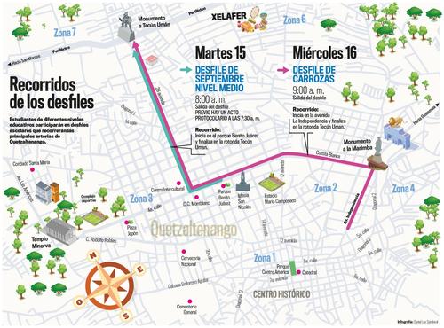 Estos son los recorridos que se realizarán en Quetzaltenango este 15 y 16 de septiembre. (Diseño: Daniel Lux)
