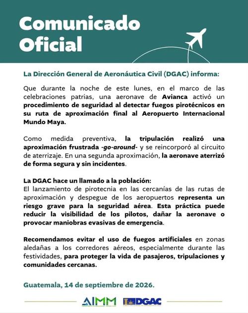 Aeronave activó procedimiento de seguridad al detectar fuegos pirotécnicos en su ruta en Petén. (Foto: DGAC)