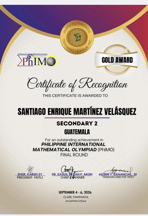 Santiago Martínez, oro, PhIMO 2026, Filipinas, guatemala, soy502, noticias 1