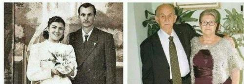 Un foto de recién casados y otra, algunas décadas más tarde.