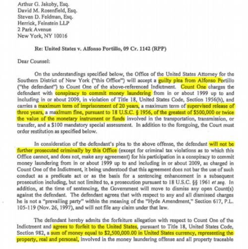 Copia del acuerdo firmado entre Portillo y la fiscalía de EE.UU.