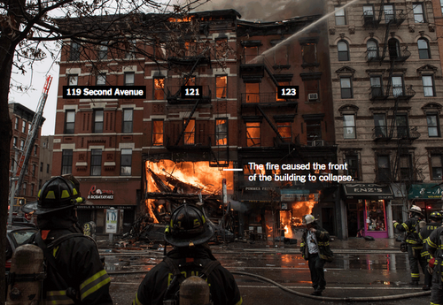 Tras la explosión, el fuego arrasó dos edificios. (Foto: New York Times)