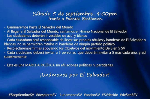 Convocatoria para este 5 de septiembre en El Salvador. (Foto: Twitter)