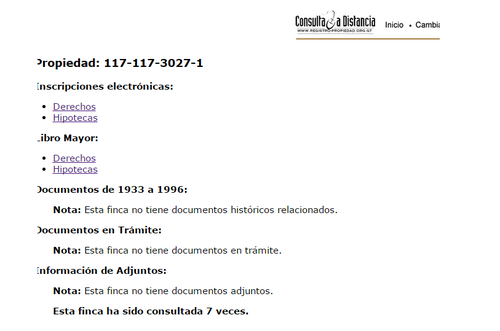 Al hacer una búsqueda electrónica del lote 60 de Valles de El Cambray II, que corresponde al registro arriba mostrado, aparece la anotación "esta finca no tiene documentos históricos relacionados". El expediente está incompleto en el Registro de la Propiedad.