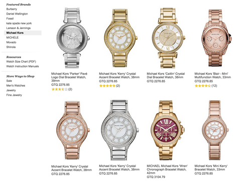 Precios de los relojes Michael Kors en la tienda de departamentos Nordstrom.
