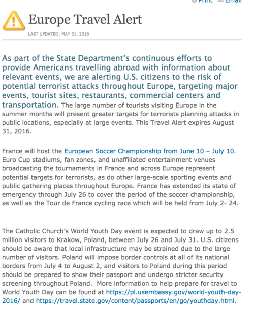 Alerta emitida por el Departamento de Estado de Estados Unidos.