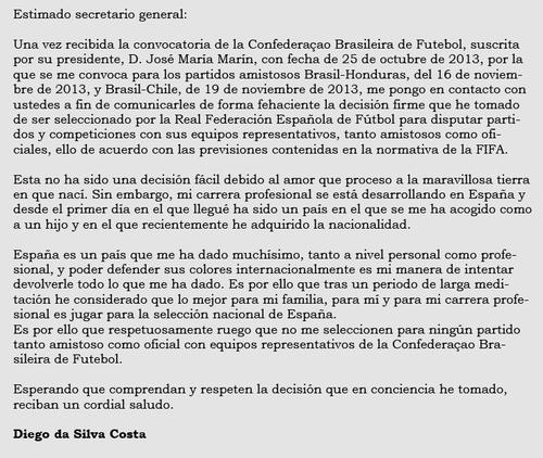 Diego Costa escribió una carta dirigida a la Confederación Brasileña explicando su situación.
