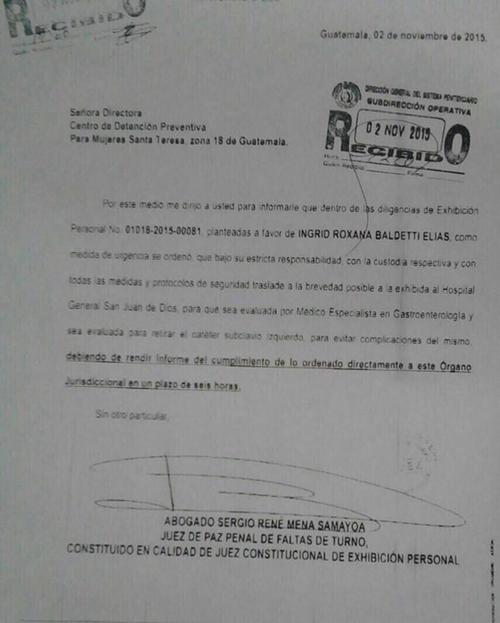 Orden judicial de traslado de Baldetti.