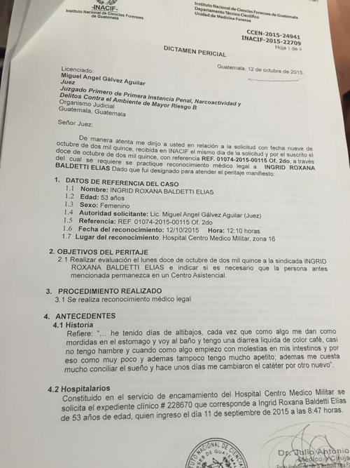 Este es el dictamen del Inacif respecto a Baldetti. (Foto: Evelyn de León/Soy502)