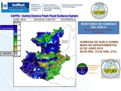 El color azul sobre el mapa de Guatemala identifica los lugares donde existe mayor saturación de agua. (imagen: Insivumeh)