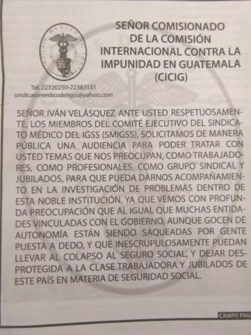 Este es el campo pagado publicado por el Sindicato de Médicos del IGSS.