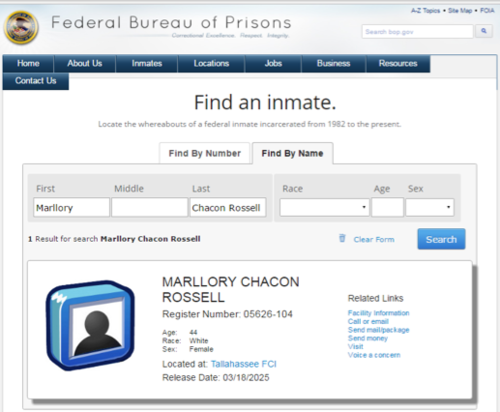 El Buró Federal de Prisiones en EE. UU. muestra que Chacón guarda prisión en una cárcel de seguridad mínima en Tallahassee, Florida, y que su excarcelación está prevista para el 18 de marzo de 2025.