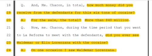 En marzo de 2016, Marllory Chacón admitió que ganó “más de US$40 millones” de dólares como resultado del envío de seis toneladas de cocaína desde Colombia para los Lorenzana en Guatemala, según el expediente 03-CR-00331-CKK en una corte de Washington, D.C.