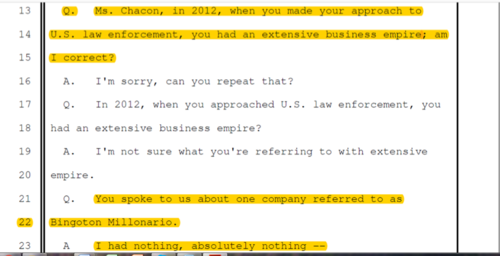 Cuando fue cuestionada acerca del “extenso emporio empresarial” que tenía cuando se entregó a la justicia en Miami, Florida, en 2014, Marllory Chacón respondió que desconocía a qué se referían, según el expediente 03-CR-00331-CKK en una corte de Washington, D.C. “(Yo) tenía nada, absolutamente nada”, respondió.