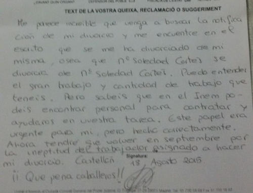 Nota que dejó la divorciada para el personal del juzgado. (Foto: El Mundo)