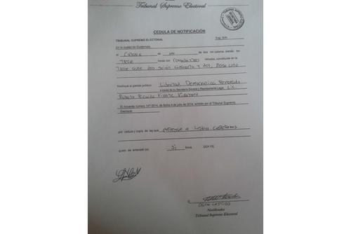 Esta es la notificación que el TSE envió a Lider el 14 de julio pasado.
