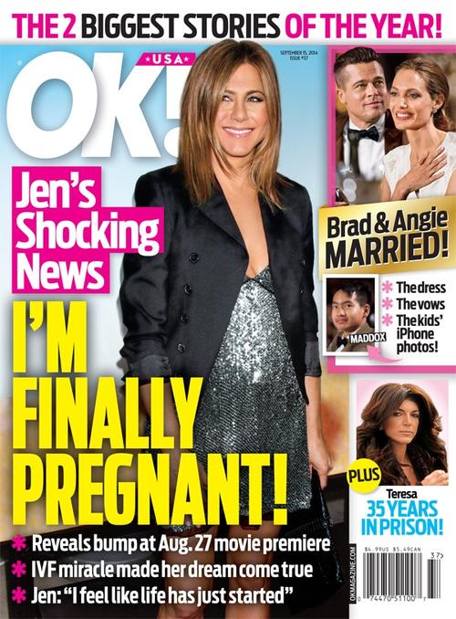 Esta es la portada que OK Magazine dedica al embarazo de Aniston.
