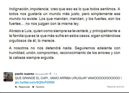 También reprodujo la imagen de una carta que redactó el capitán de la Selección de Uruguay Diego Lugano.