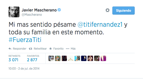 El volante argentino Jaiver Mascherano se solidarizó en su cuenta de Twitter.