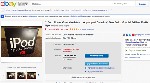 Esta es una de algunas ofertas del iPod Classic, en su edición especial de la banda U2. (Foto: eBay)
