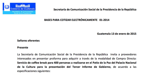 La Secretaría de Comunicación Social de la Presidencia pretendía contratar los servicios de "coffee break" para 400 personas. (Foto: Guatecompras/Soy502)