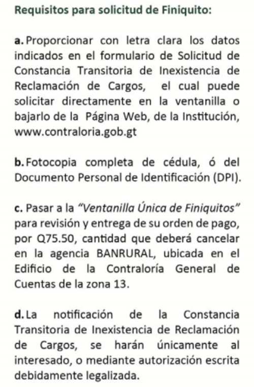 Este es el listado de los requisitos que las personas que quieren tener su finiquito deben presentar. (Foto: Soy502)