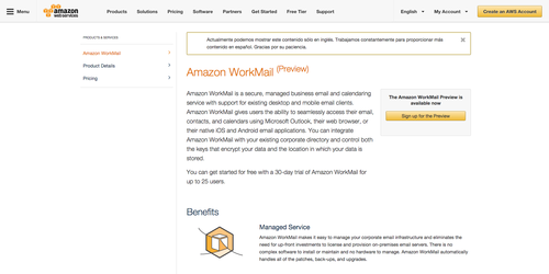 El sitio web del servicio WorkMail de Amazon.