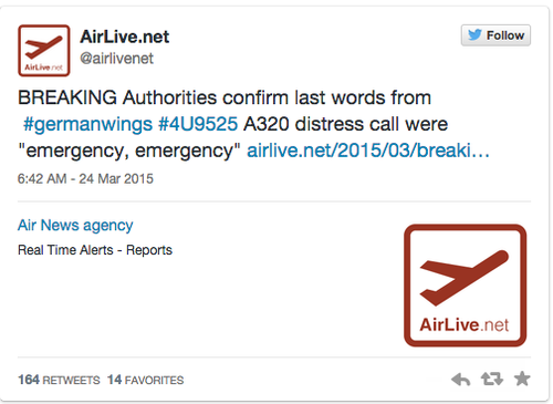 Este es el tuit de AirLive.net donde se informa del último mensaje de la tripulación del avión accidentado en Francia.