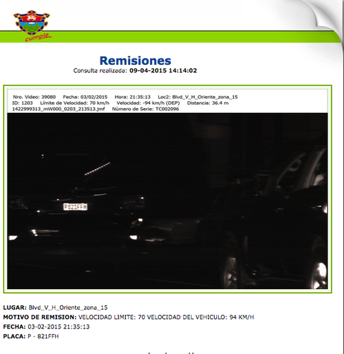 Esta es la foto del vehículo de la comitiva de la vicepresidenta, la remisión fue a las 21:35. (Foto: Portal remisiones PMT)