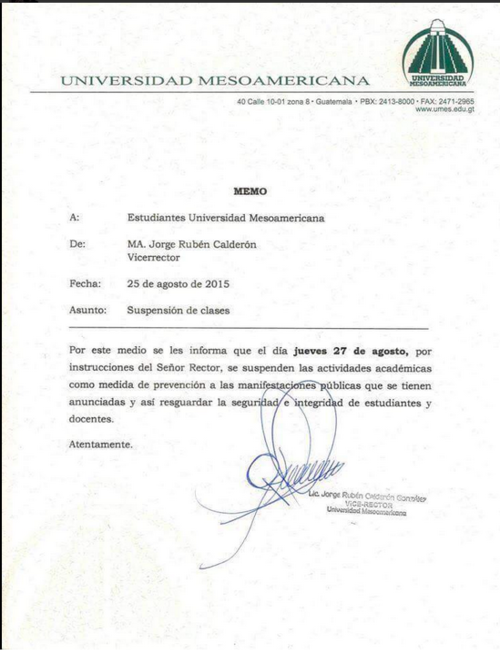 La Universidad Mesoamericana emitió una circular donde suspenden las clases. (Foto: Twitter)