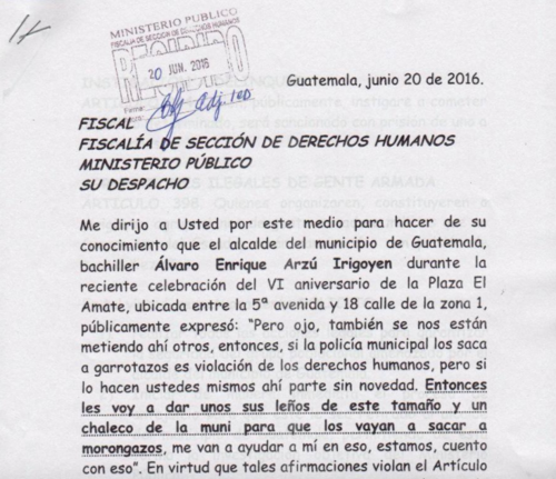 La denuncia contra Arzú fue interpuesta en junio ante el Ministerio Público.