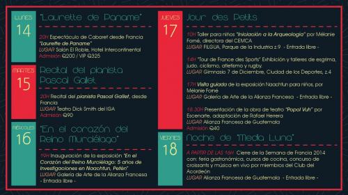 Esta es la agenda de actividades de la Semana de Francia. (Diseño: Alianza Francesa de Guatemala)