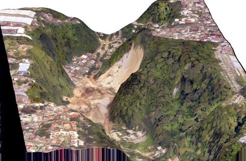 Imágen satelital muestra el área del desastre ocurrido en El Cambray II en Santa Catarina Pinula ocurrido el pasado jueves en horas de la noche. (Foto: CEMEC-CONAP-NETCORE y NASA)