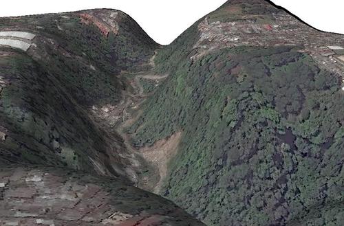 Imágen en 3D que muestra el área en la que ocurrió el deslizamiento de tierra el pasado jueves en horas de la noche. (Foto: CEMEC-CONAP-NETCORE y NASA)