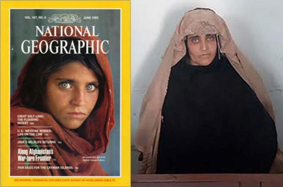 Sharbat Gula, en una imagen de la Agencia Federal de Investigación pakistaní tras detenerla. Y en la famosa portada del número de junio de 1985 de National Geographic. (Foto: AFP)