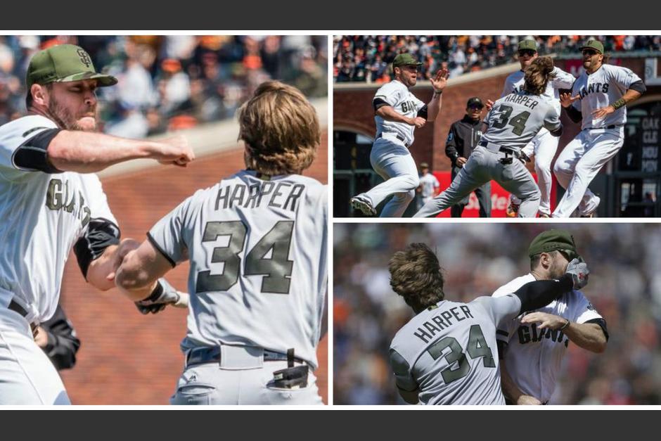 Los jugadores, Bryce Harper y Hunter Strickland iniciaron una batalla campal en el partido de Grandes Ligas entre Nacionales y Gigantes. (Foto: Twitter)
